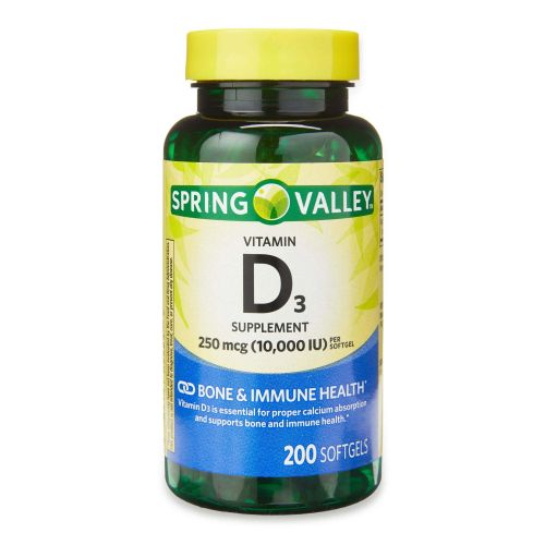 Spring Valley Vitamin D3 Bone & Immune Health Dietary Supplement Softgels, 250 mcg (10,000 IU), 200 Count Spring Valley Vitamin D3 Bone & Immune Health Dietary Supplement Softgels, 250 mcg (10,000 IU), 200 Count